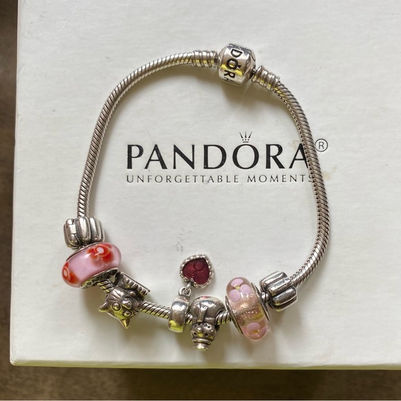 Authentic Pandora Snake Bracelet 925 w/ Charms Pink Theme
